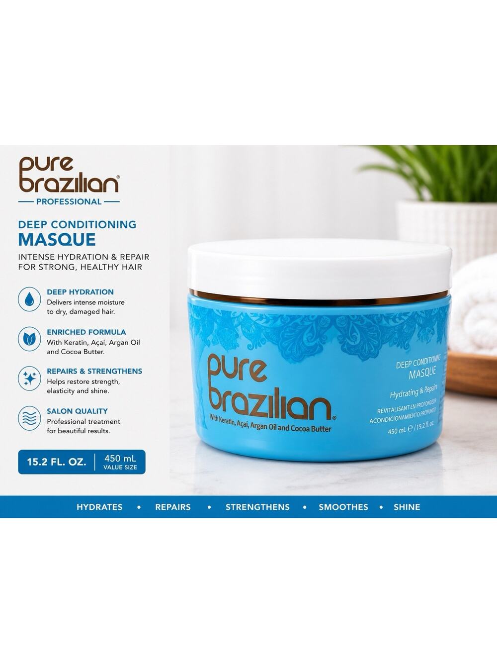 Pure Brazilian Deep Conditioning Masque 13.5 oz / 400ml Keratin Hair Mask